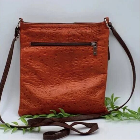 Vera Pelle Genuine Leather with Embossed Detail Crossbody Orange and Brown Color - Picture 2 of 10